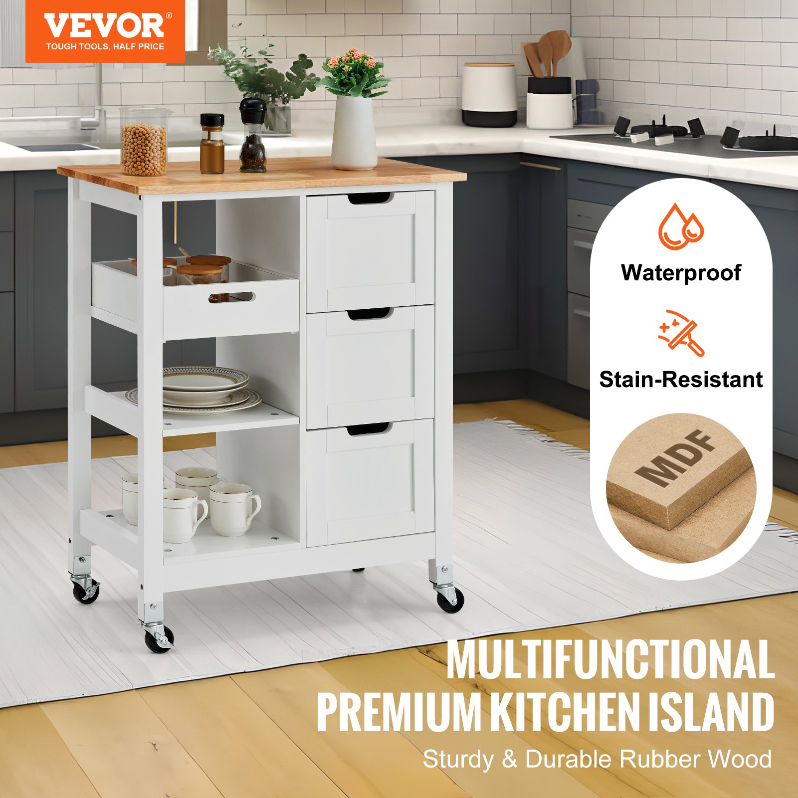 VEVOR Kitchen Island Cart Rolling Storage Cabinet on Wheel with Drawer ...