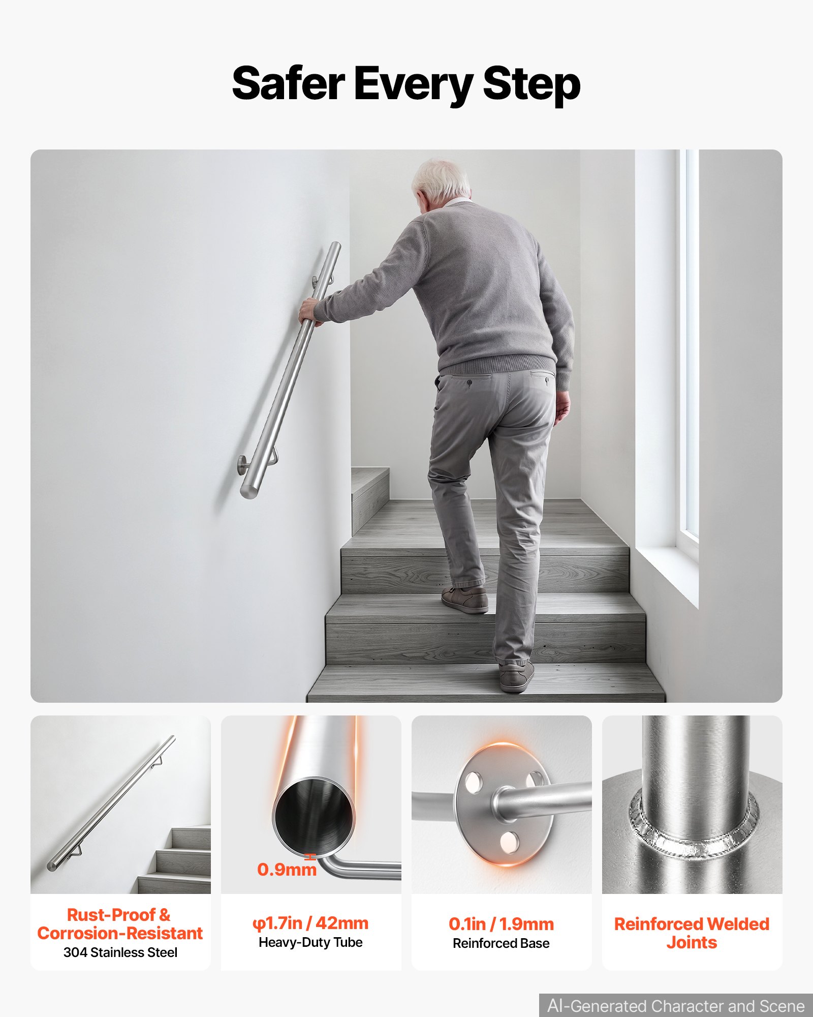 VEVOR Wall-Mounted Stair Handrail, 3.3 ft 250 lbs Load Metal Railing ...
