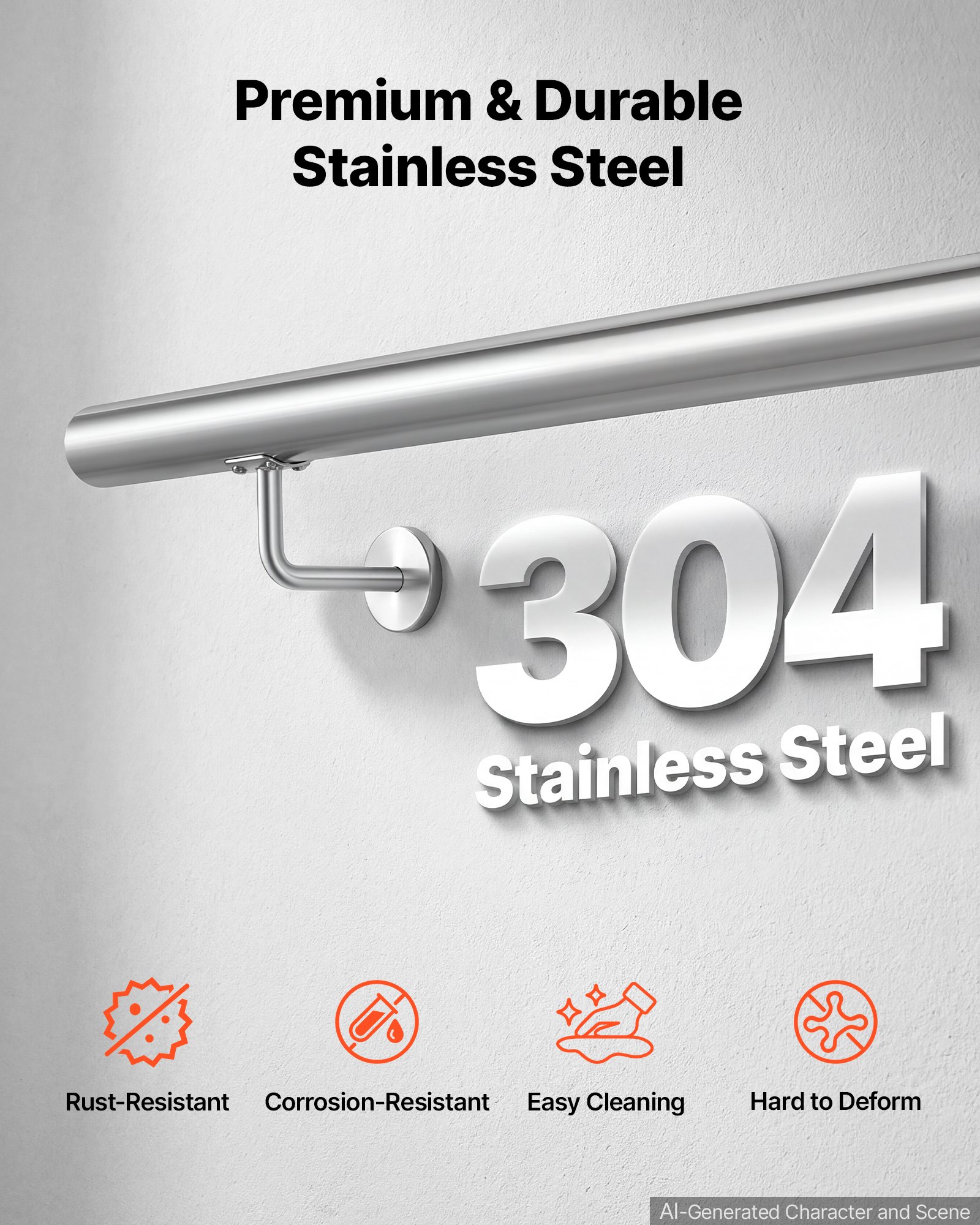 VEVOR Wall-Mounted Stair Handrail, 3.3 ft 250 lbs Load Metal Railing ...