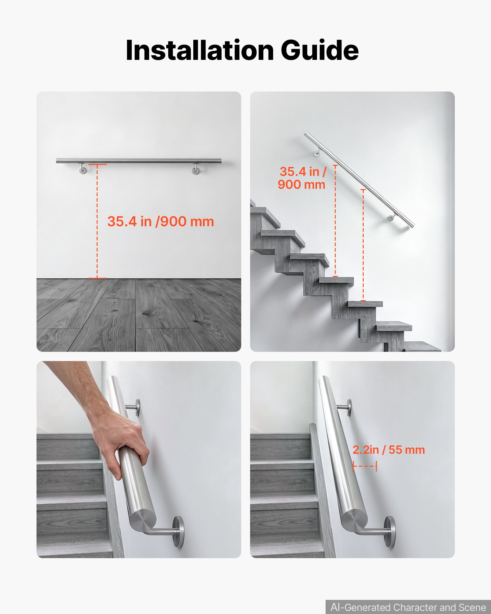 VEVOR Wall-Mounted Stair Handrail, 3.3 ft 250 lbs Load Metal Railing ...