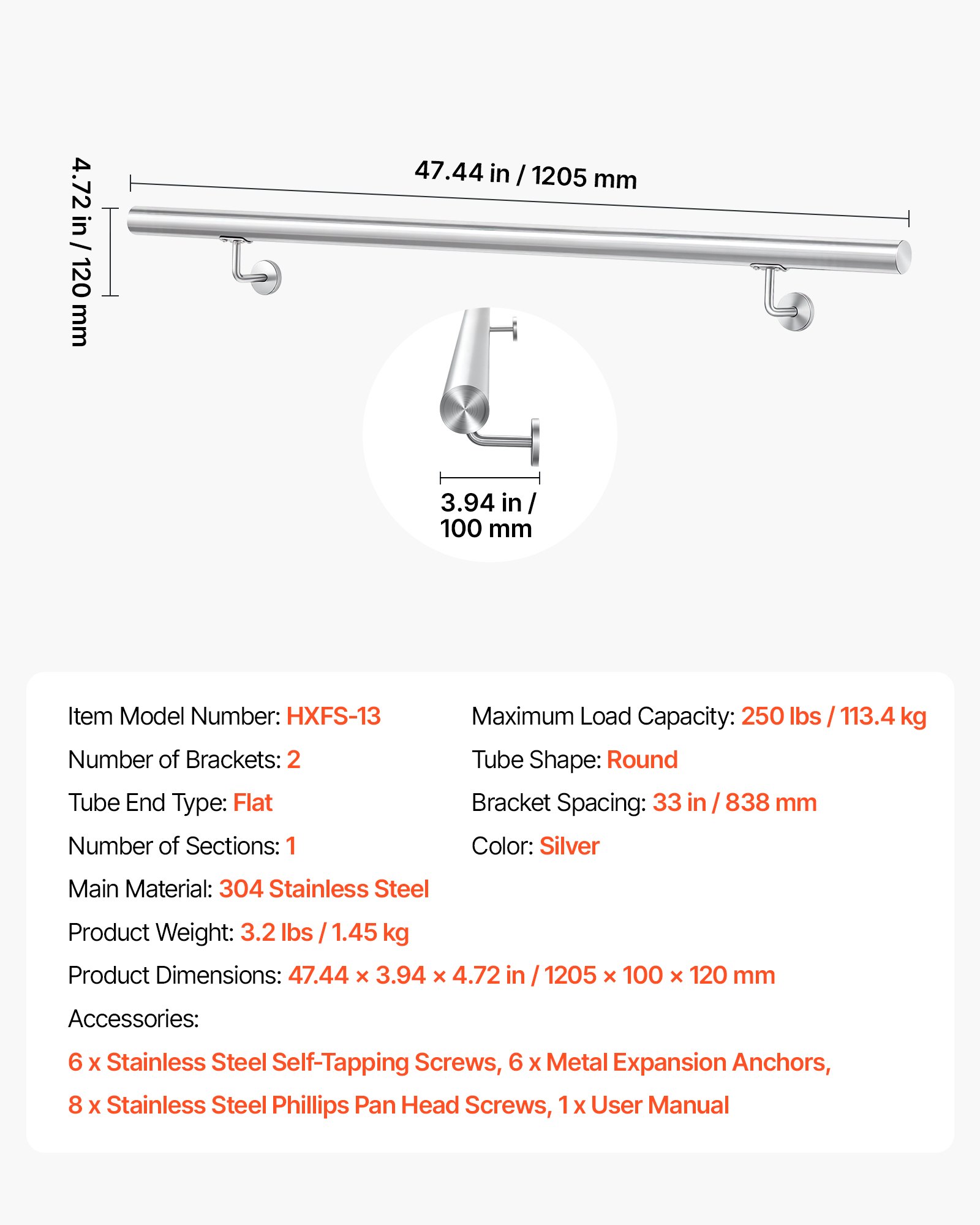Ss Metal Hand Railing VEVOR Wall-Mounted Stair Handrail, 3.9 ft 250 lbs Load Metal Railing ...