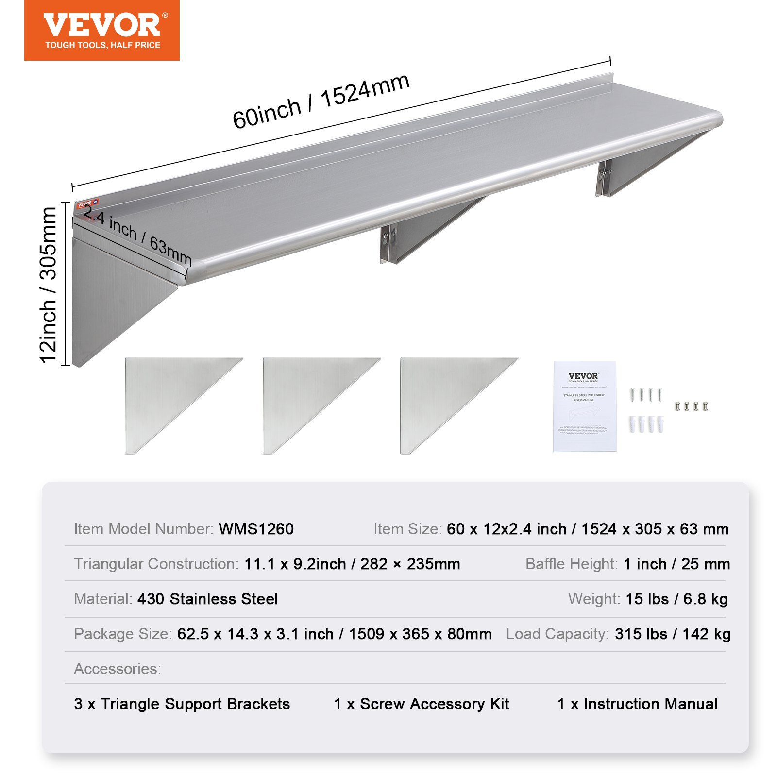 VEVOR 12" x 60" Stainless Steel Shelf, Wall Mounted Floating Shelving