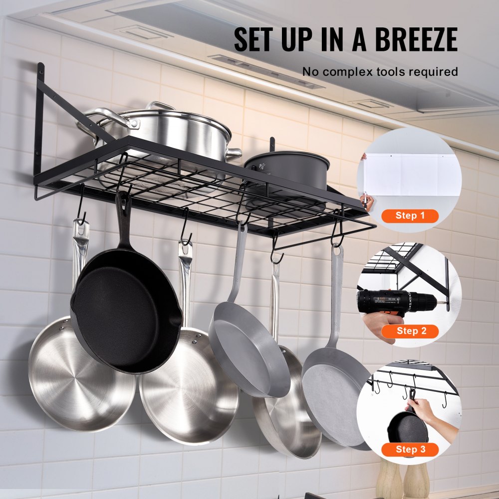 Cooking Pot Racks VEVOR Pot Rack Wall Mounted, 24 inch Pot and Pan Hanging Rack, Pot and ...