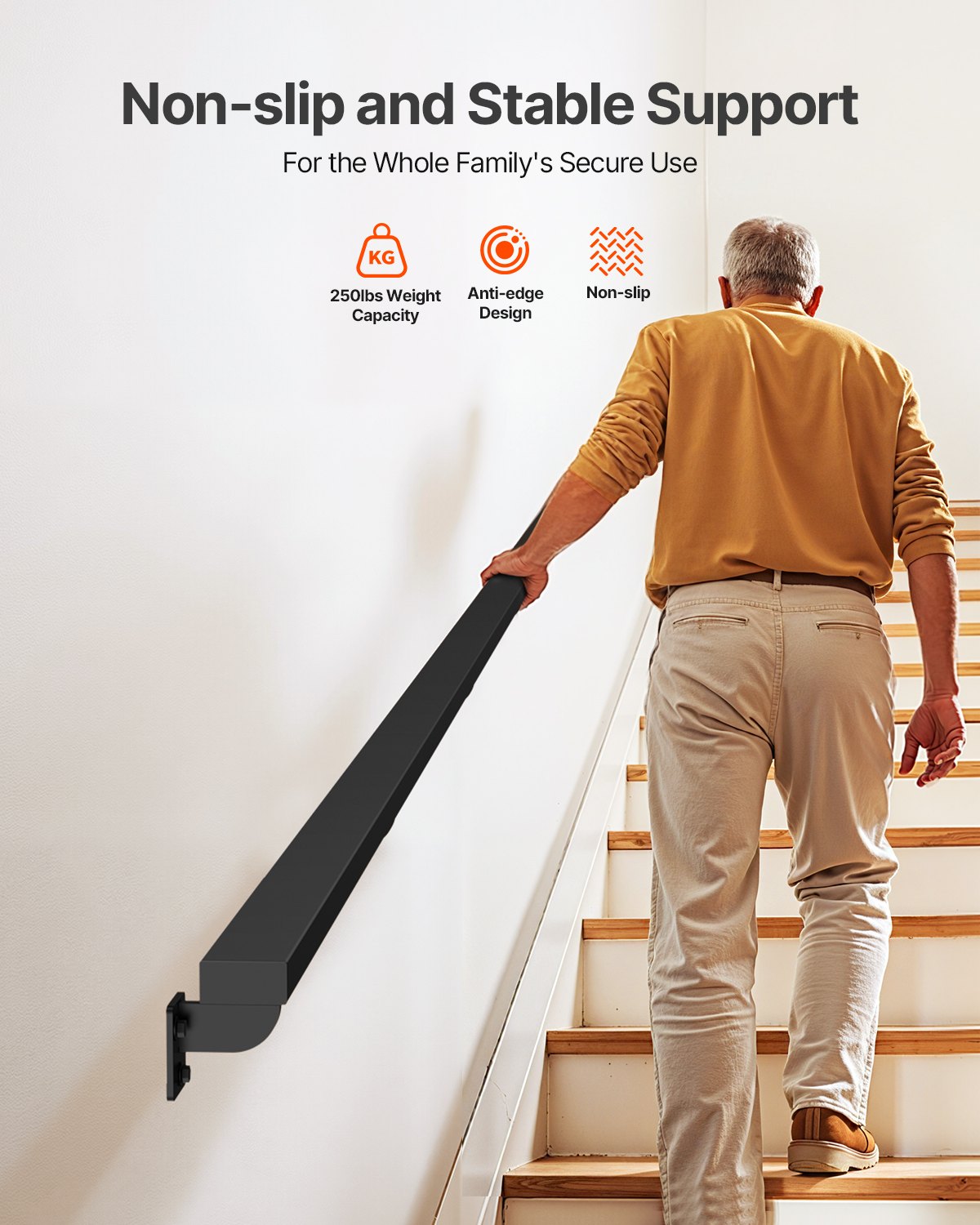 Stairs Handrails For Wall VEVOR Wall Mounted Stair Handrail, 4575mm Black Aluminum Staircase ...