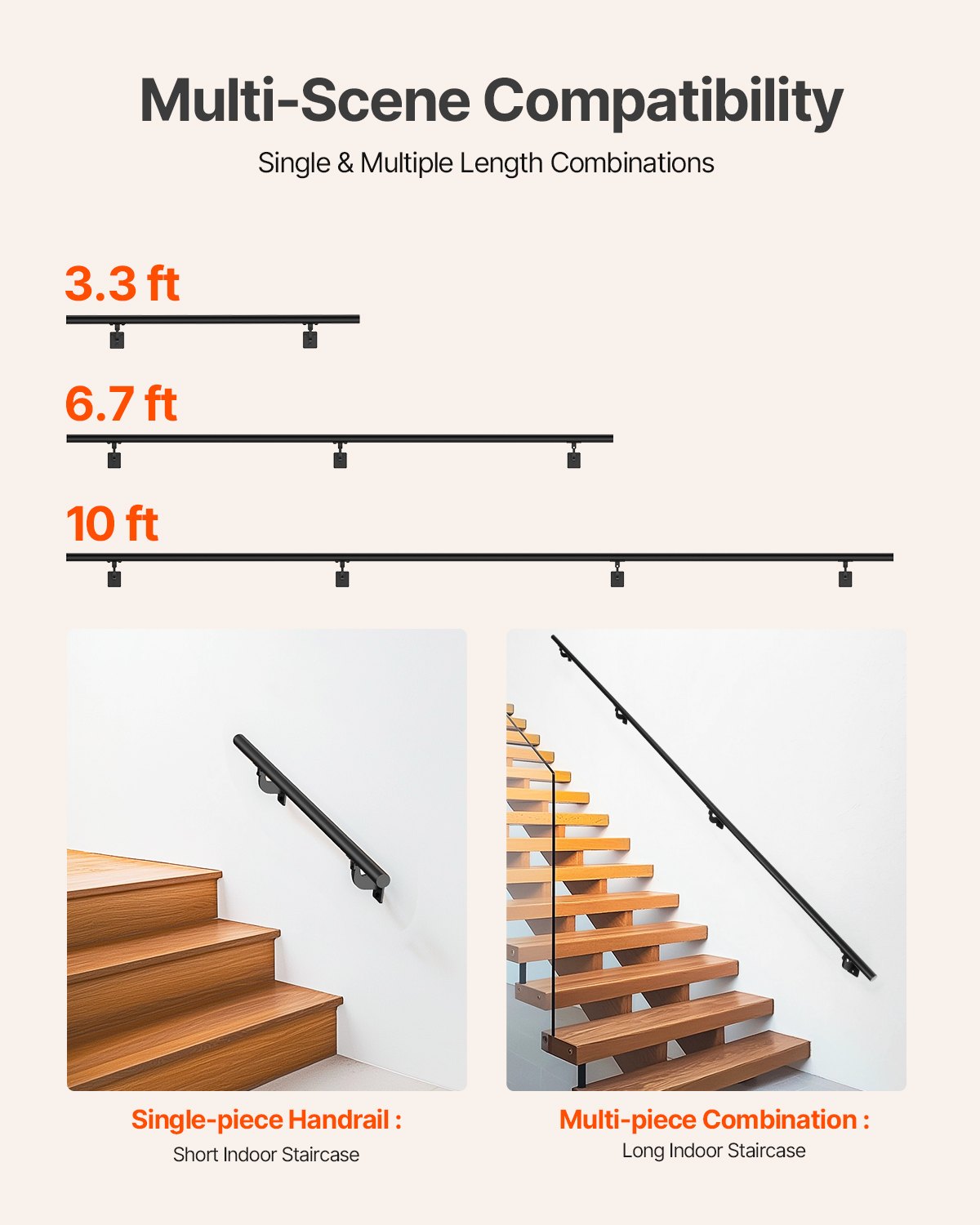 VEVOR 10ft Wall Mounted Stair Handrail Black Aluminum Indoor Outdoor Railing main image 1