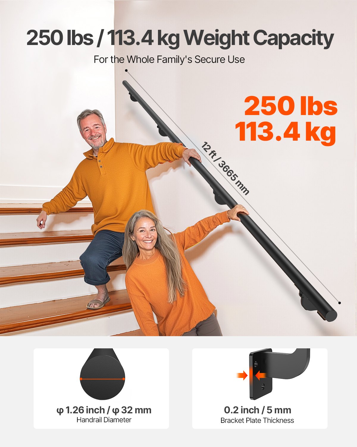 VEVOR Wall Mounted Stair Handrail, 12ft Pipe Staircase Handrail, Black ...