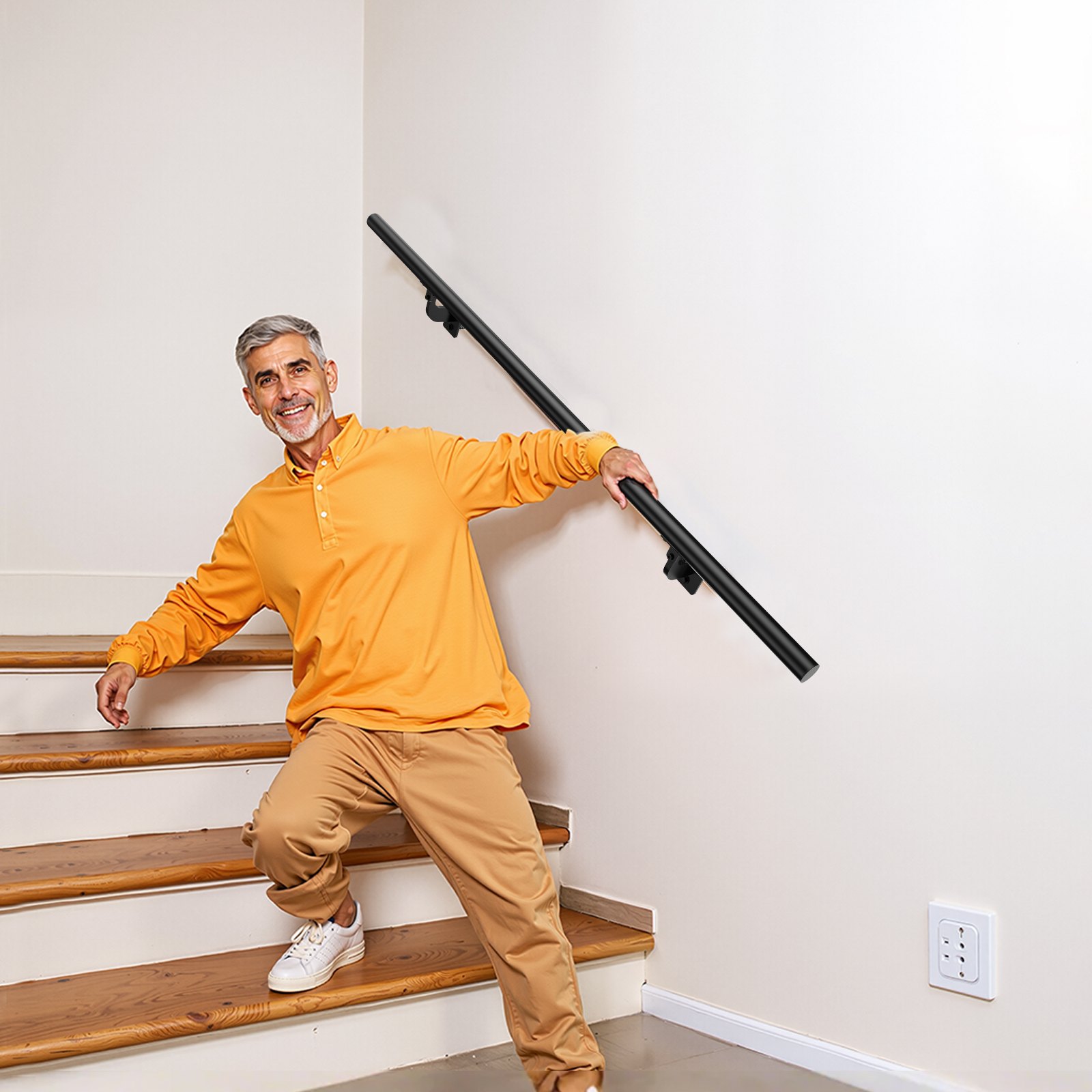 VEVOR Wall Mounted Stair Handrail, 4ft Pipe Staircase Handrail, Black ...