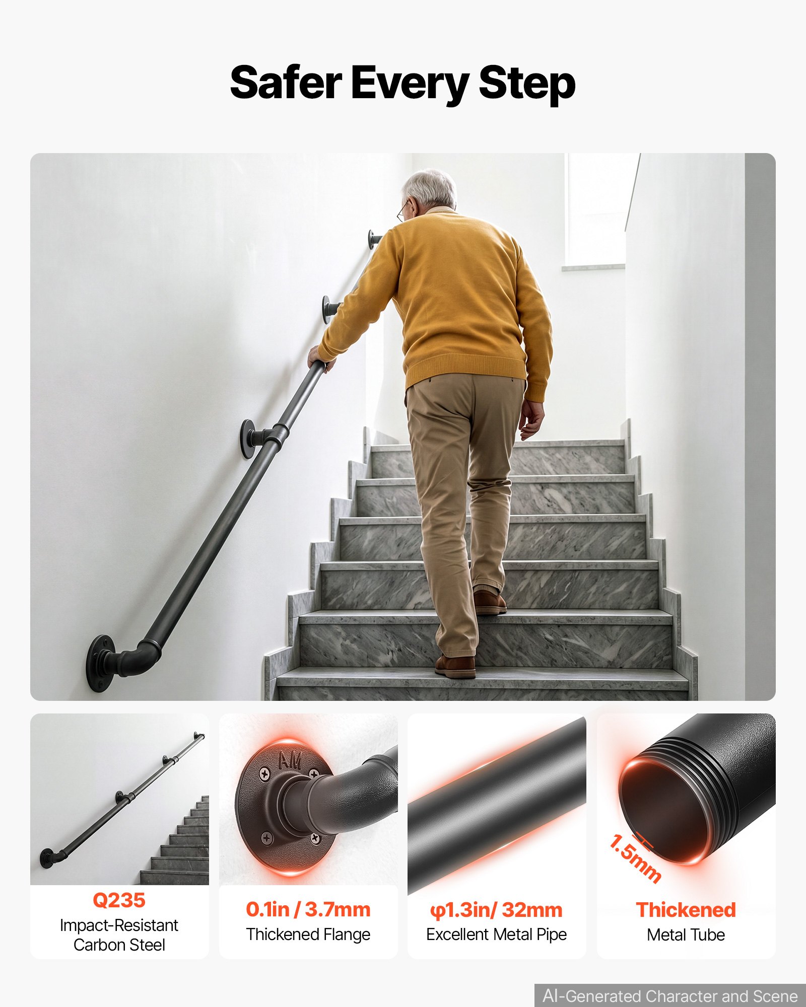 VEVOR Wall-Mounted Stair Handrail, 10 ft 440 lbs Load Black Metal ...