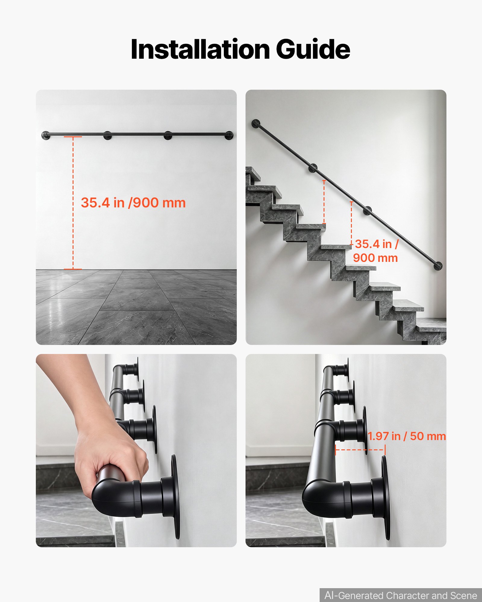 VEVOR Wall-Mounted Stair Handrail, 10 ft 440 lbs Load Black Metal ...