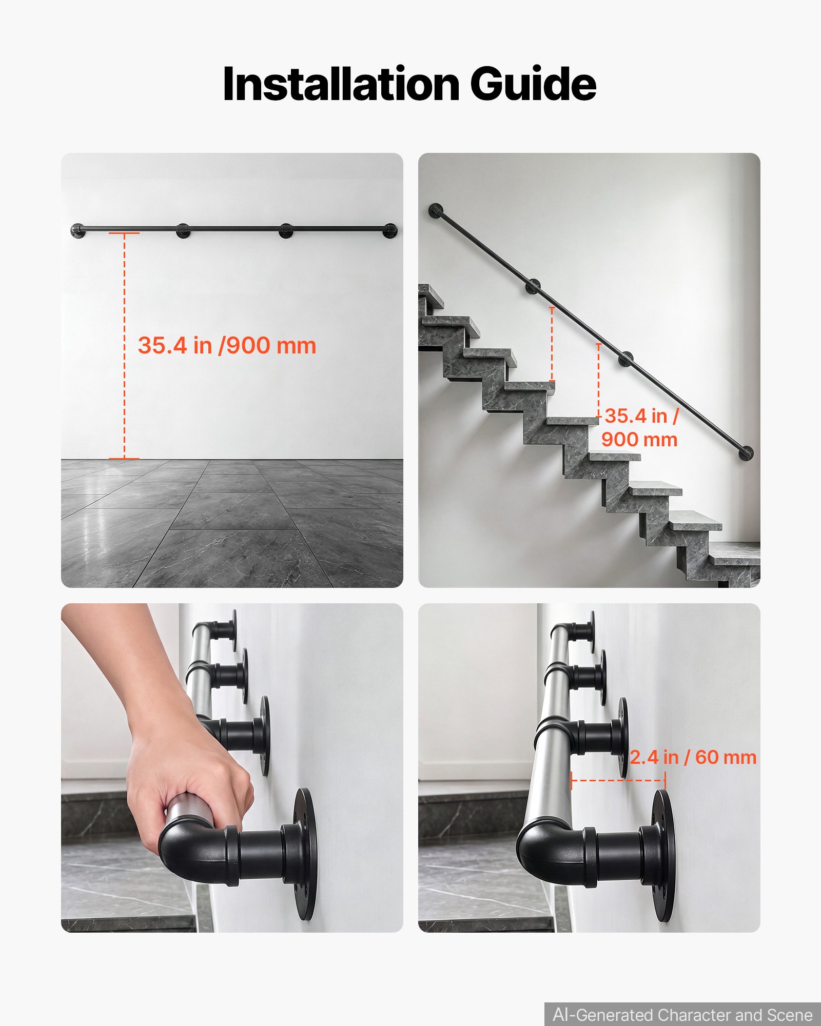 VEVOR Wall-Mounted Stair Handrail, 9 ft 440 lbs Load Black Metal ...