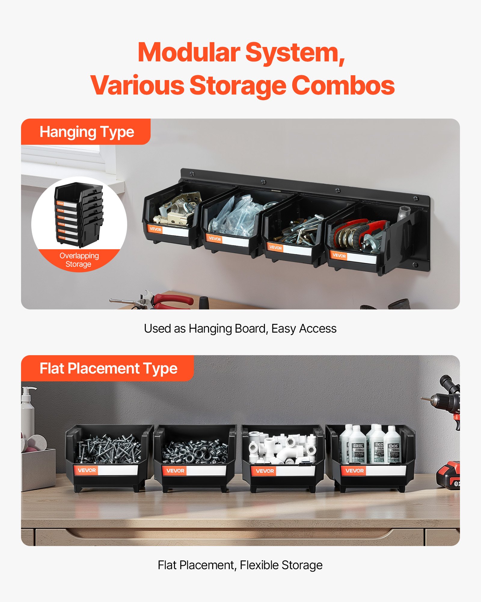 VEVOR Wall Mounted Storage Bins – 12 Set, 3 Metal Rails