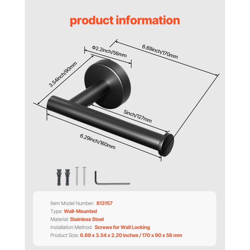VEVOR Mega Roll Toilet Paper Holder - SUS Steel, Black