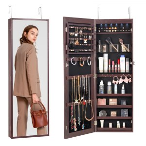 Afoxsos 47.2 In. Rustic Black Jewelry Armoire, Lockable Tall Mounted Mirror Cabinet W/ Full-Length Mirror, Drawers & Lights SNPH048IN077