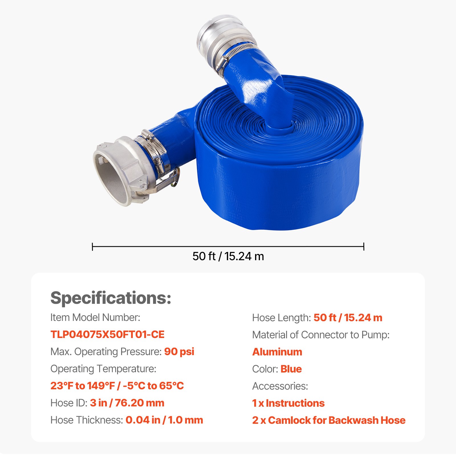 Backwash Hose 1.5 in x 50 ft Blue High Quality Hose Complete Fittings main image 0