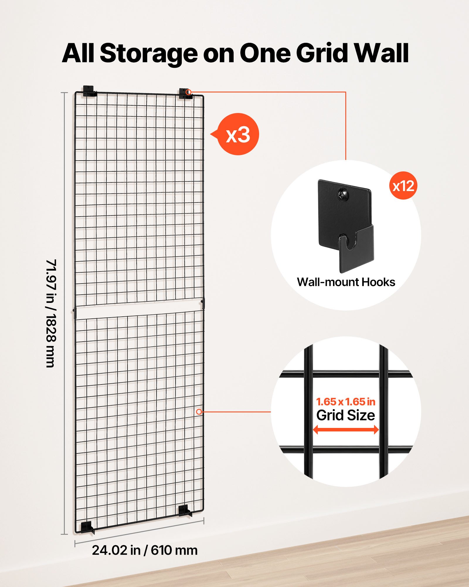 VEVOR 3 Packs Grid Wall Panels, 2 x 6 ft Wire Grid Panels Display Rack ...