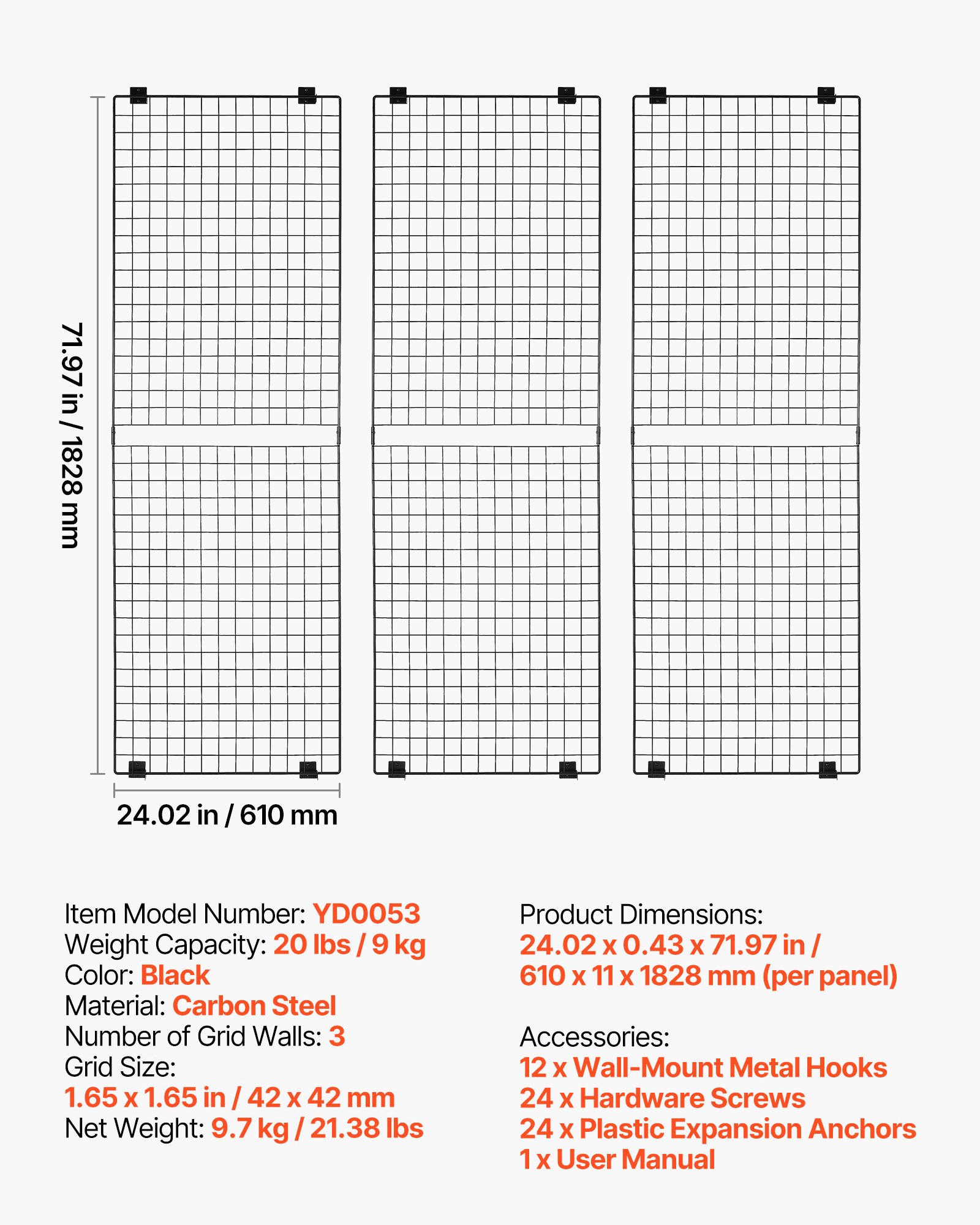 VEVOR 3 Packs Grid Wall Panels, 2 x 6 ft Wire Grid Panels Display Rack ...