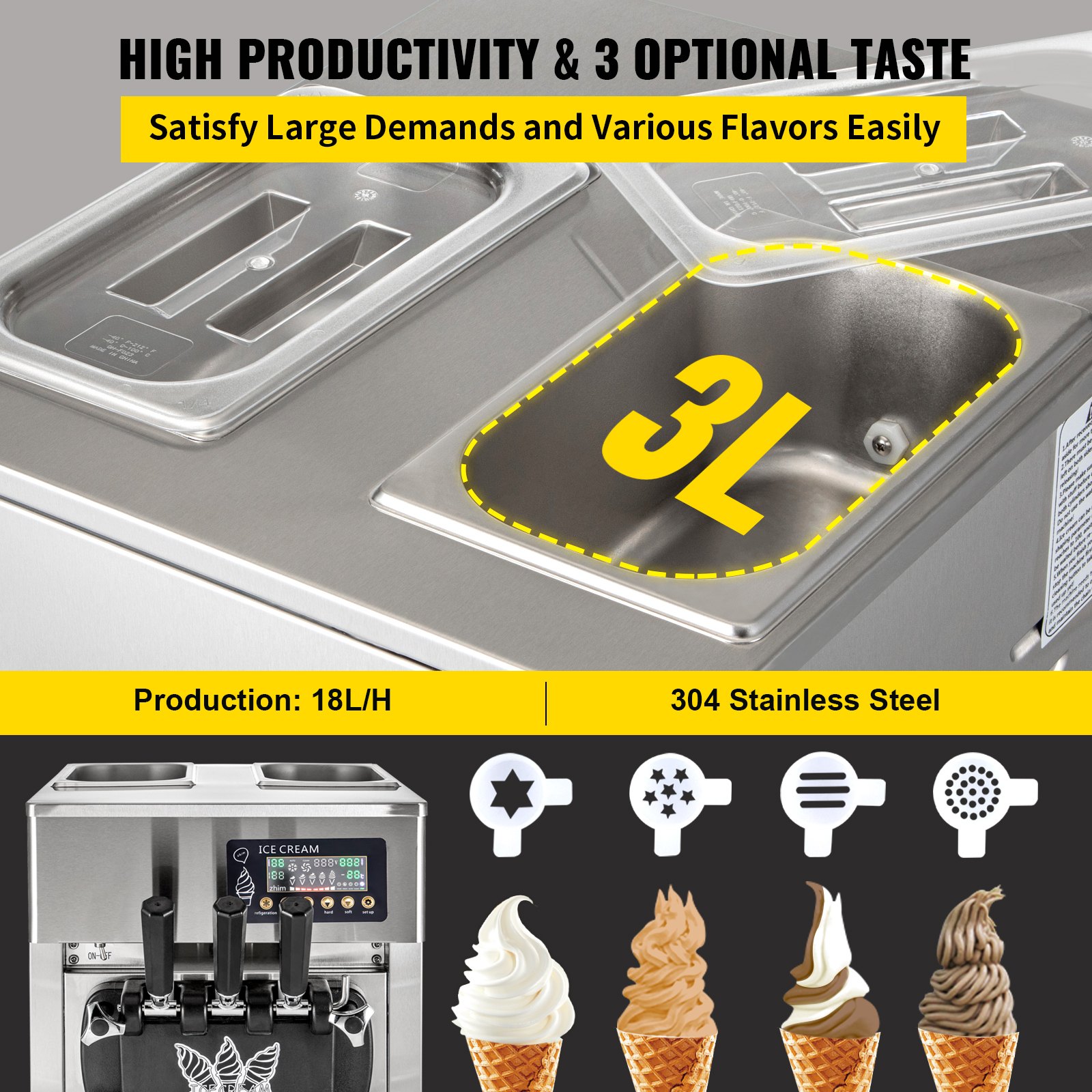 VEVOR Commercial Ice Cream Maker Machine, 2+1 Flavor Countertop Soft Serve Machine, 5 Gal/H