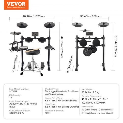 VEVOR Electric Drum Set Electronic Drum Kit 150 Sounds for Beginners ...