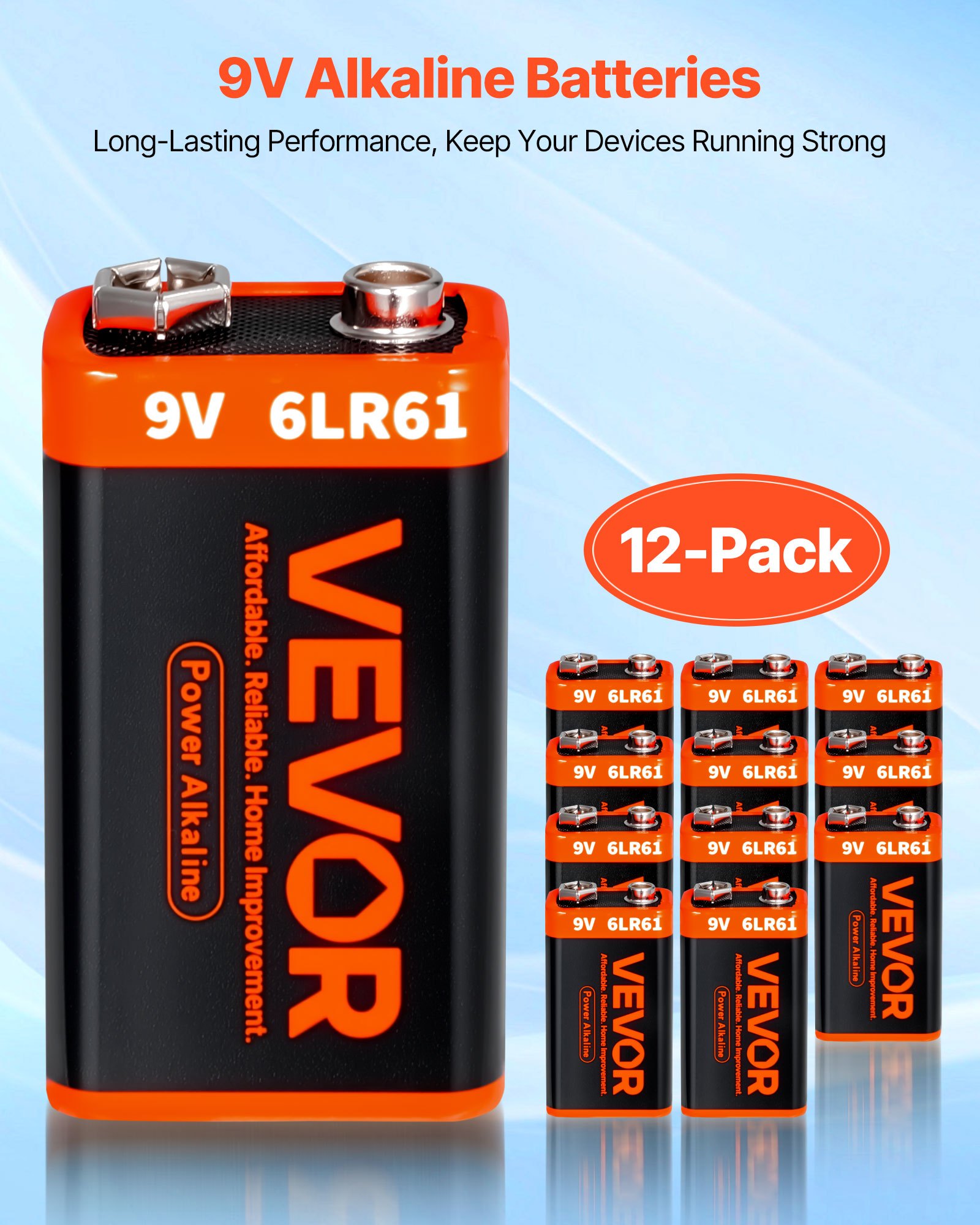VEVOR 9V Square Battery | 12-Pack Long-Lasting Power
