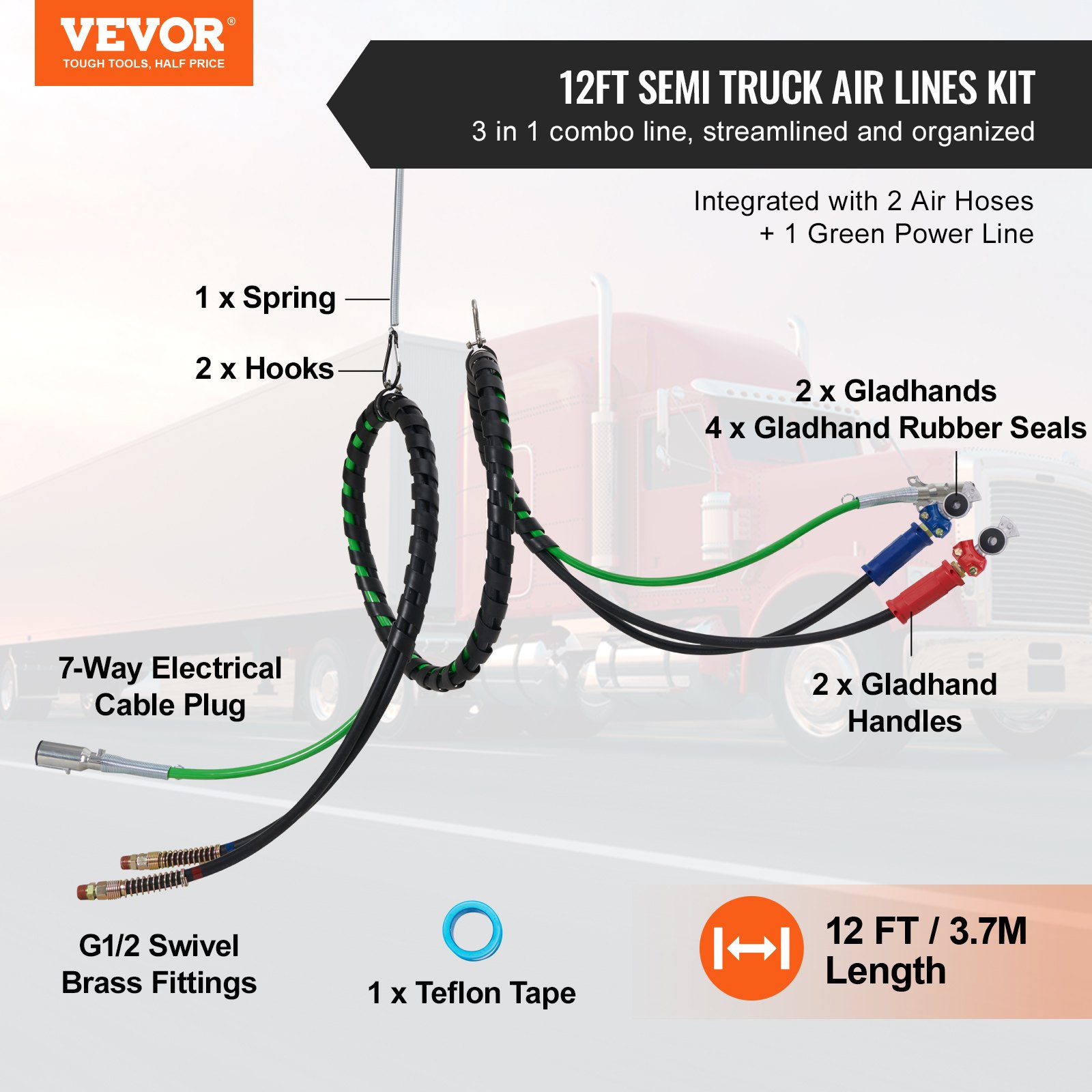 VEVOR 12FT Semi Truck Air Lines Kit with 2PCS Glad Hands, 3-in-1 Air ...