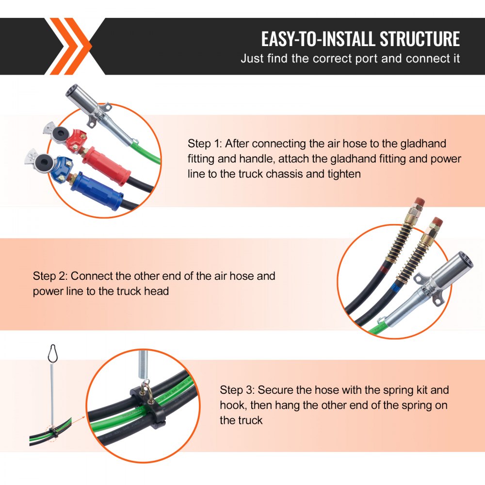 15ft 3-in-1 Semi Truck Air Line Kit With Glad Hands & Handles - Heavy Duty