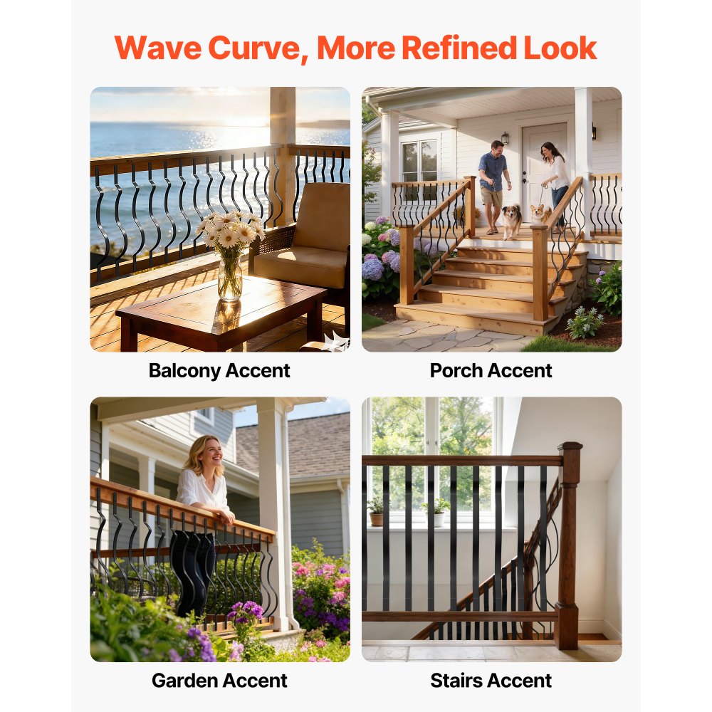 VEVOR 61 Pack Deck Balusters, 82 x 2.54 cm Metal Railing Spindles, Galvanized Steel Decking Stair Balusters with Screws, Stylish Wavy Design for Outdoor Deck, Porch & Staircase Railing Fence, Black VEVOR 61 Pack Deck Balusters, 82 x 2.54 cm Metal Railing Spindles, Galvanized Steel Decking Stair Balusters with Screws, Stylish Wavy Design for Outdoor Deck, Porch & Staircase Railing Fence, Black