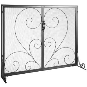 Écran De Cheminée à Double Porte 96x78 Cm - Grille Métallique Haute Densité, Motifs Floraux, Loquet Magnétique, Protection Enfants Et Animaux