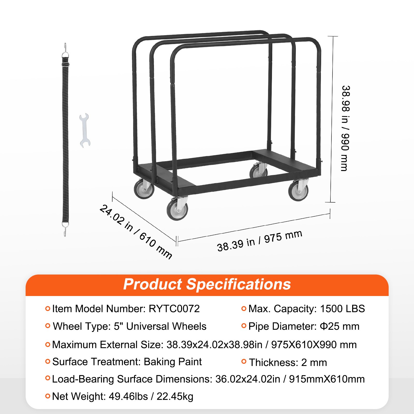 VEVOR Drywall Cart, 1500 LBS Panel Dolly Cart with 36.02" x 24.02" Deck ...
