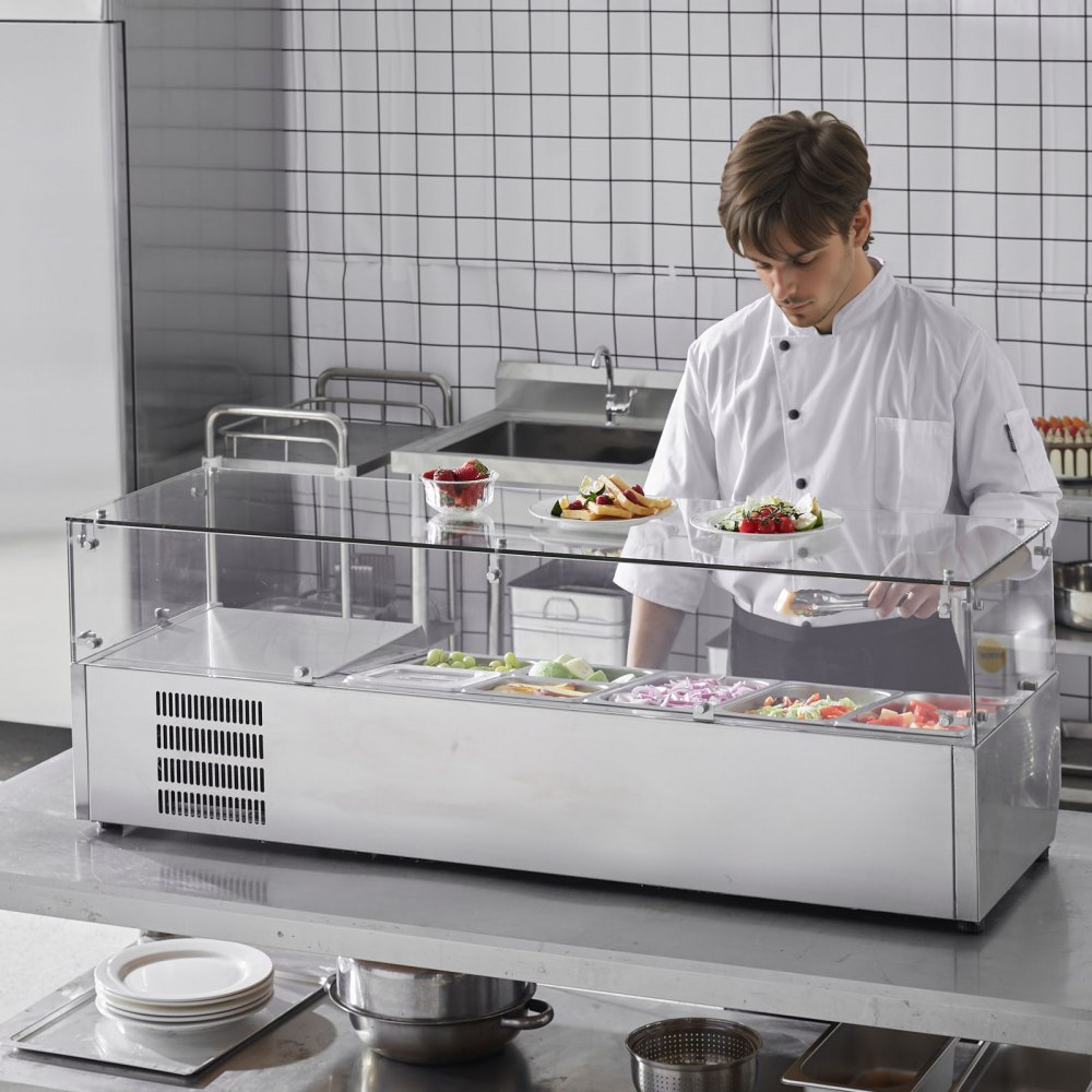 Chlazená stanice na koření VEVOR, 150W stolní chlazená stanice na koření, s pánvemi 3 1/3 a pánvemi 4 1/6, tělo z nerezové oceli 304 a víko z PC, stůl na přípravu sendvičů se skleněným krytem, ​​CE - miniatura 8