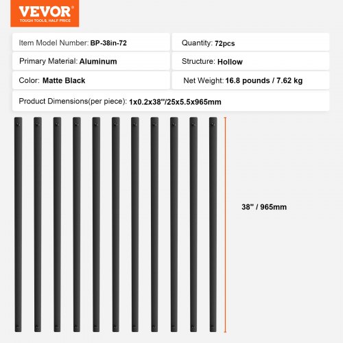 VEVOR Staircase Metal Balusters 38 x 1 Flat Aluminum Alloy Decorative Banister Spindles 72 Pack Deck Baluster with Screws Classic Hollow Deck Railing Satin Black Powder Coated for Porch VEVOR US