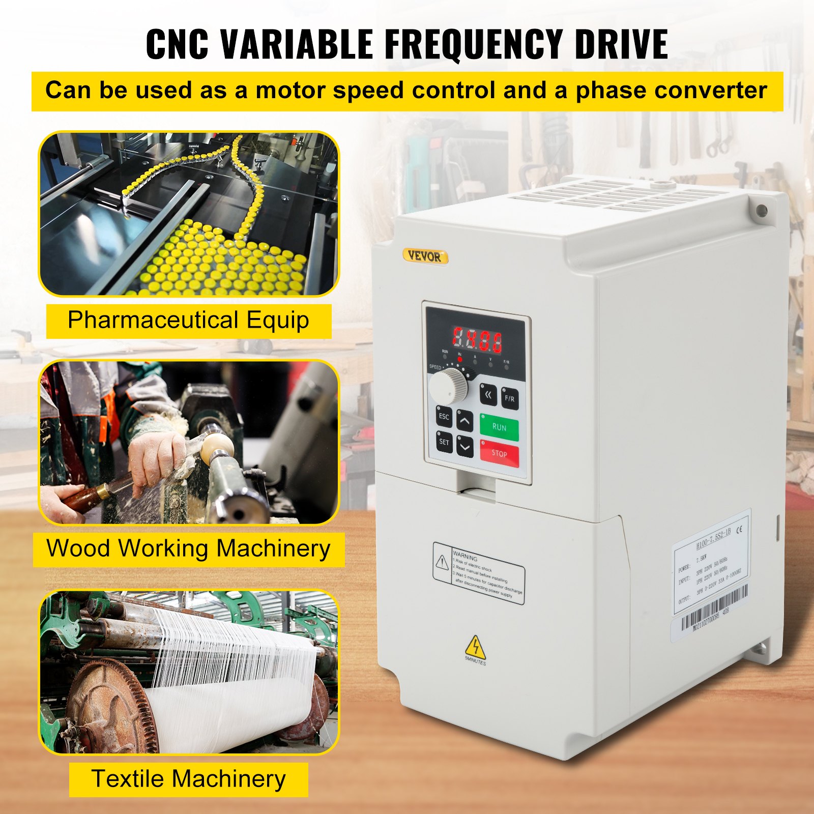 VEVOR VFD 7.5KW 220V 10HP, 1 or 3 Phase Input, 3 Phase Output Variable ...