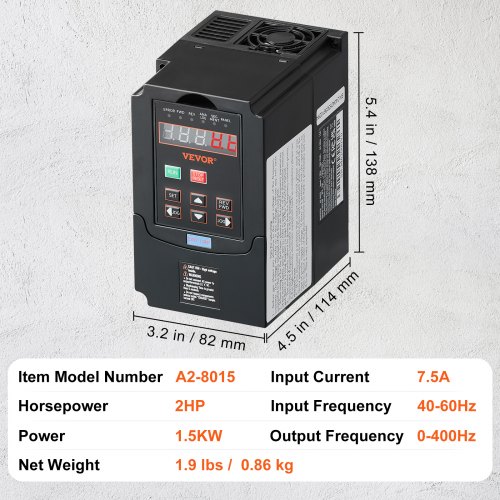VEVOR VFD 2HP, 1.5KW, 7.5A, 1 or 3 Phase 220V Input to 3