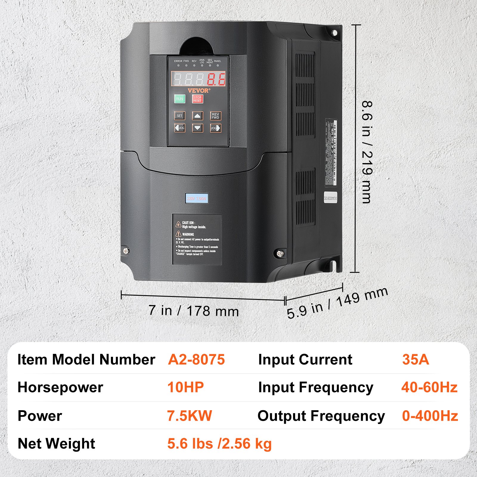 VEVOR VFD 10HP, 7.5KW, 35A, 1 or 3 Phase 220V Input to 3 Phase 220V ...