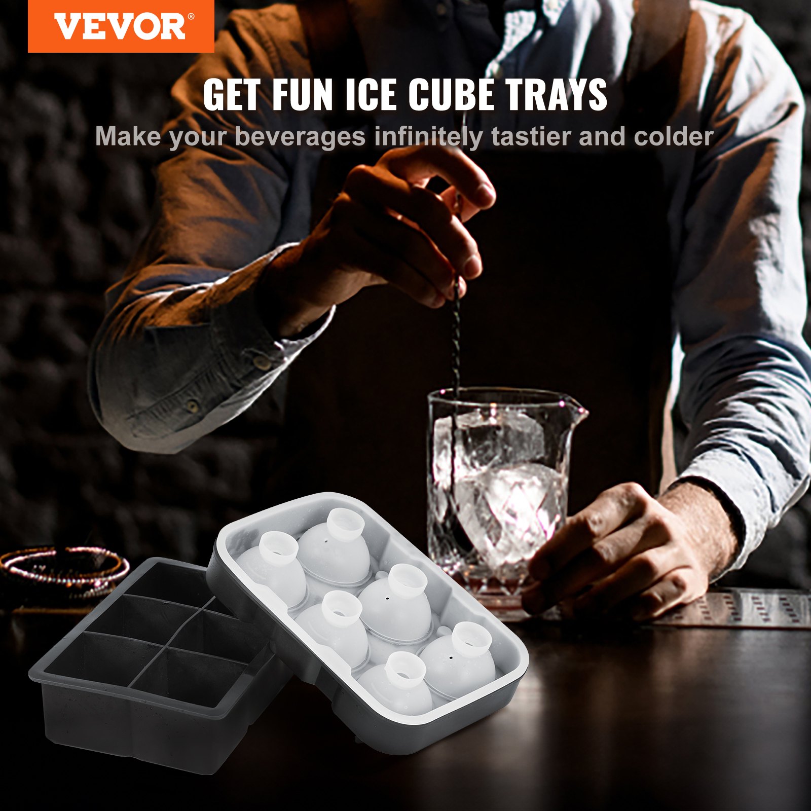 VEVOR Ice Cube Trays Set Of 2 2 in 1 Combo With Silicone Sphere Ice Vevor ice cube trays set of 2 2 in 1 combo with silicone sphere ice
