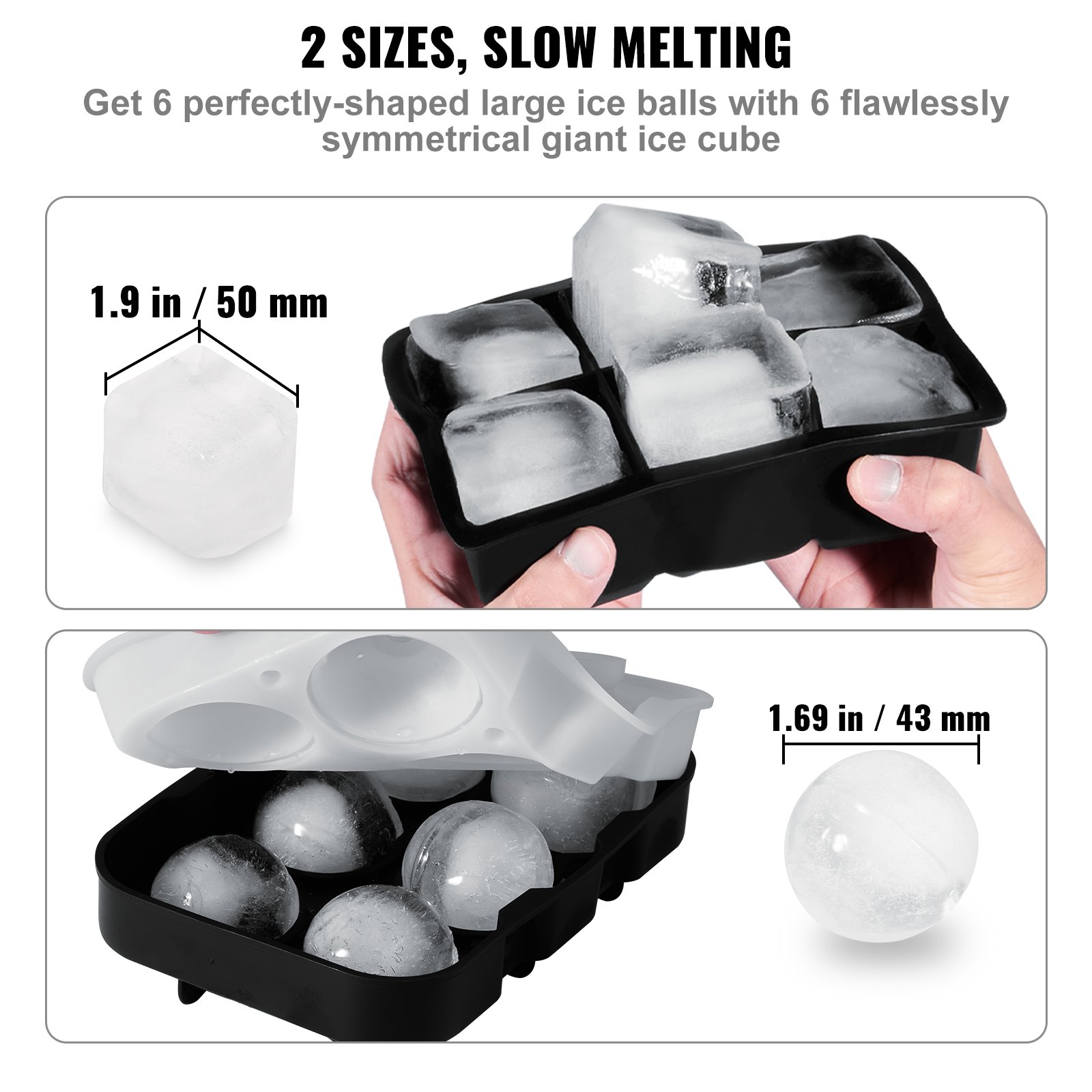 VEVOR Ice Cube Trays Set Of 2 2 in 1 Combo With Silicone Sphere Ice Vevor ice cube trays set of 2 2 in 1 combo with silicone sphere ice