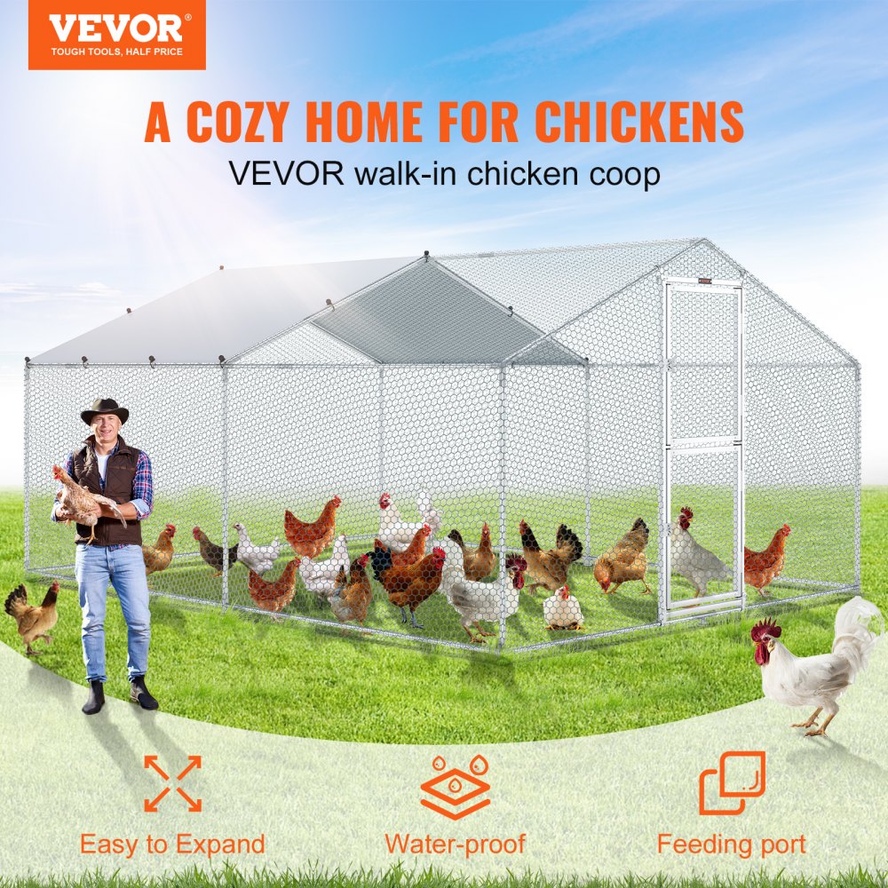 VEVOR Metal Chicken Coop, 13.1 x 9.8 x 6.6 ft Large Chicken Run, Peaked ...