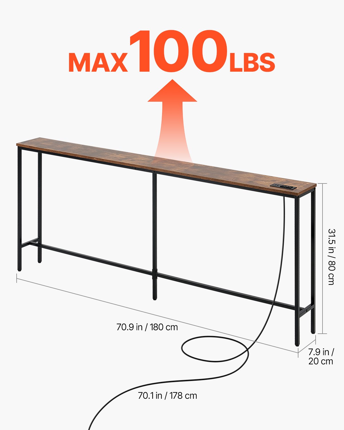 VEVOR Narrow Console Sofa Table, 180 cm Behind Couch Table with Power ...