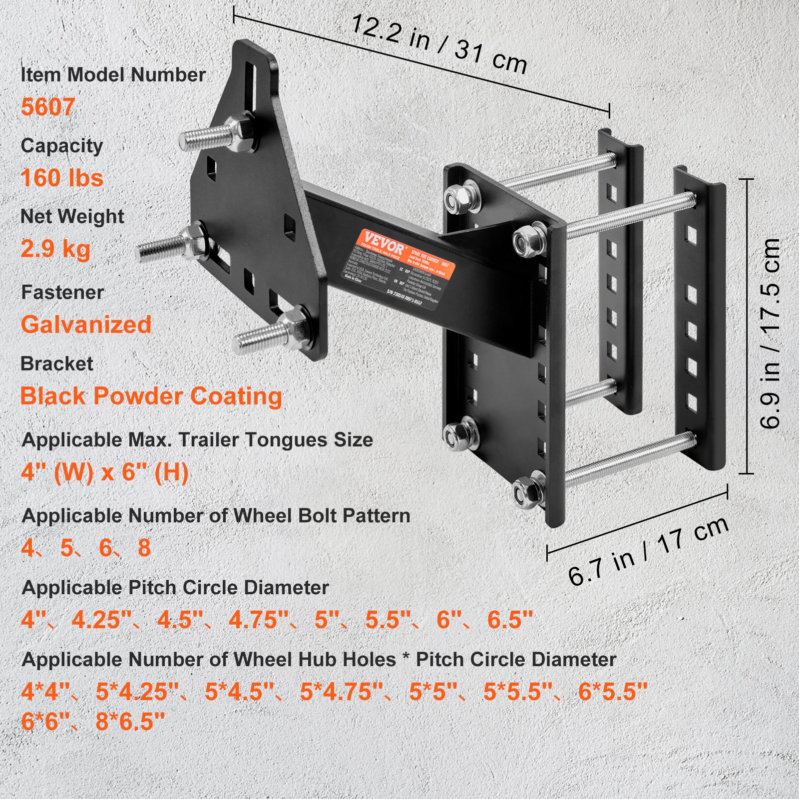 Vevor Spare Tire Carrier Trailer Spare Tire Mount 160 Lbs Capacity Utility Trailer 8057