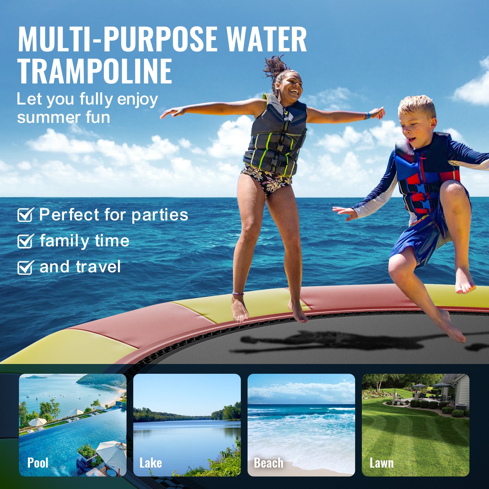 VEVOR Inflatable Water Bouncer, 17ft Recreational Water Trampoline ...