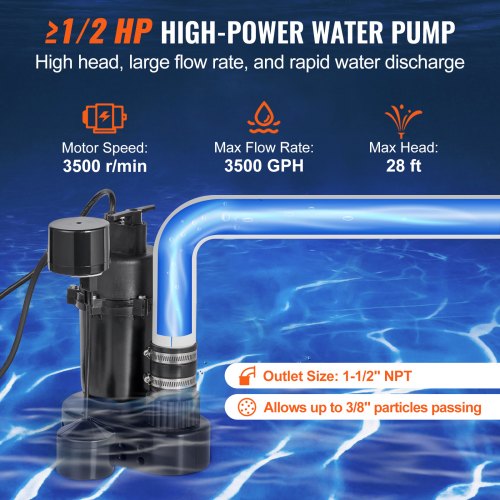VEVOR Utility Sink Pump, 1/2 HP, 120-Volt, 3500 GPH Flow, 28
