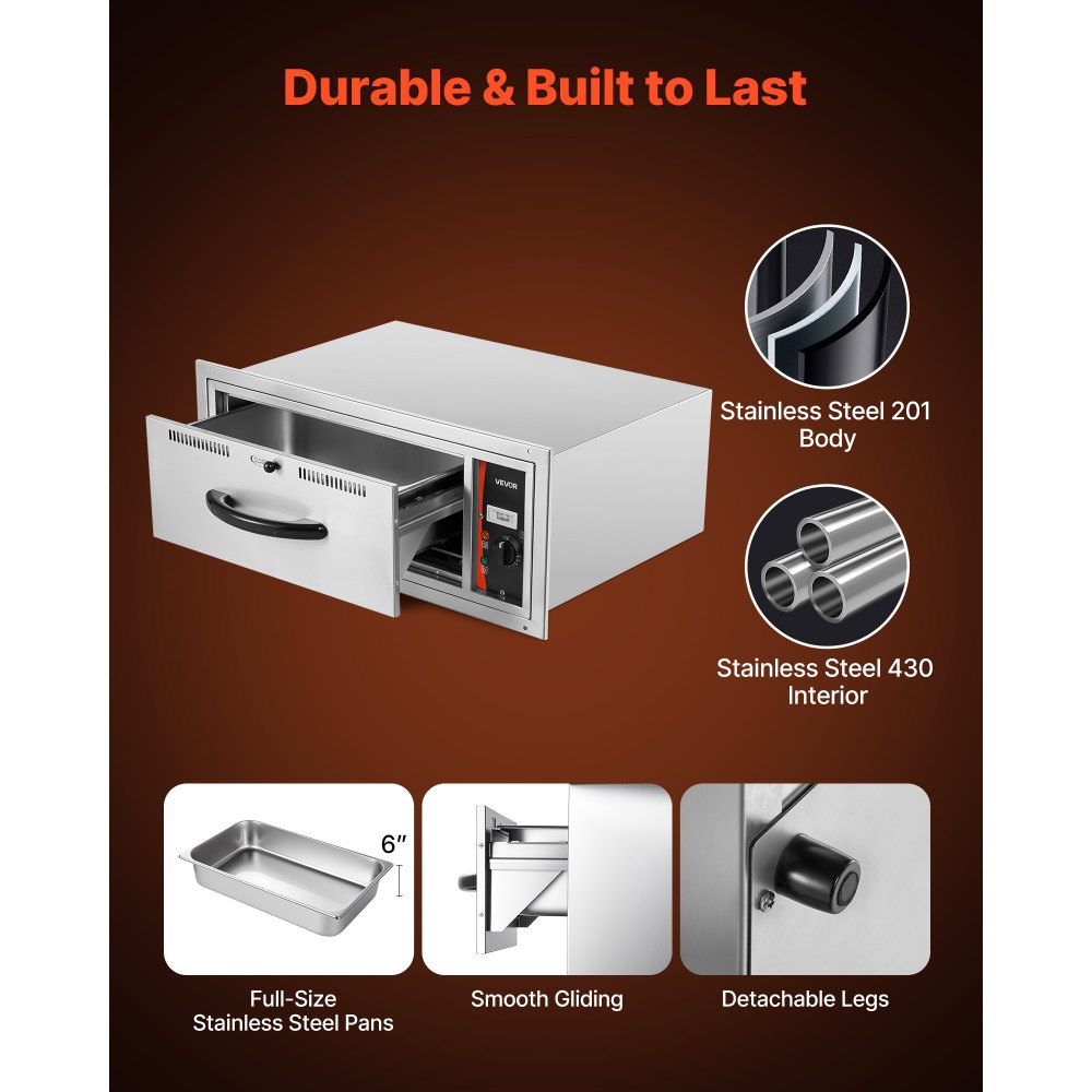 VEVOR Built In Warming Drawer – 500W, 85°F-185°F, 30x24x13