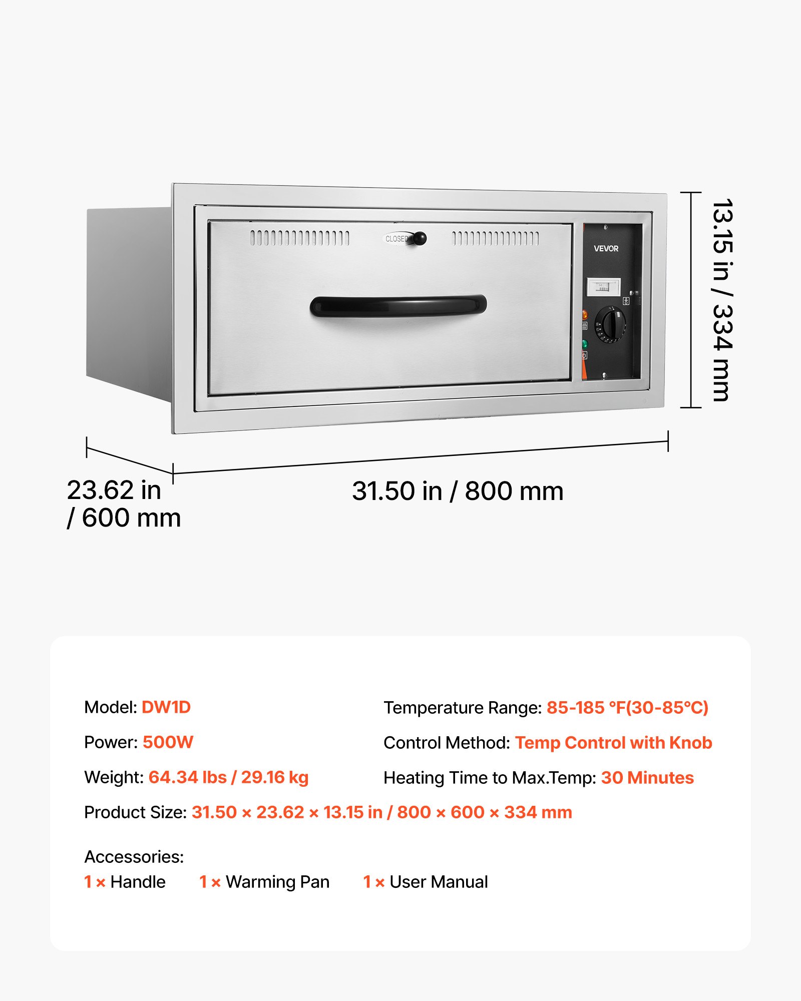VEVOR Built In Warming Drawer – 500W, 85°F-185°F, 30x24x13