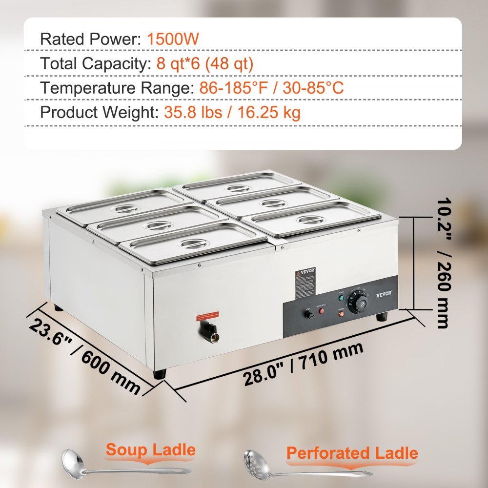VEVOR 5-Pan Commercial Electric Food Warmer | 24QT Stainless Steel Steam Table | 1200W With Temp Control (86-185°F) | For Catering, Restaurants, Buffets