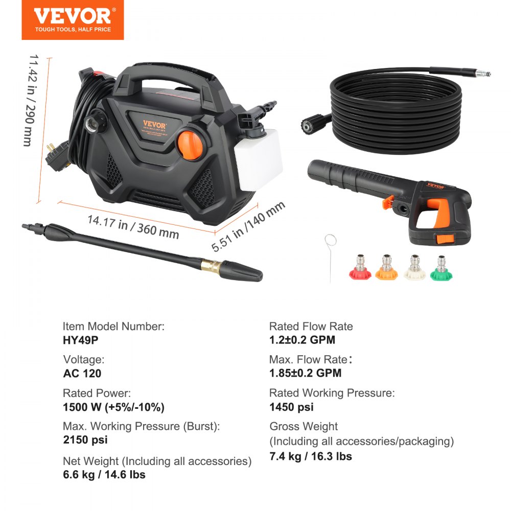 VEVOR Electric Pressure Washer, 2150-PSI 1.85-GPM, Foam Cannon High ...