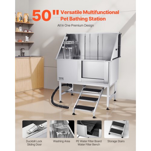 50 Inch Dog Grooming Bath Tub Stainless Steel w Stairs Water Filter ... - Large Breed Dog Grooming Tables With Water Bath