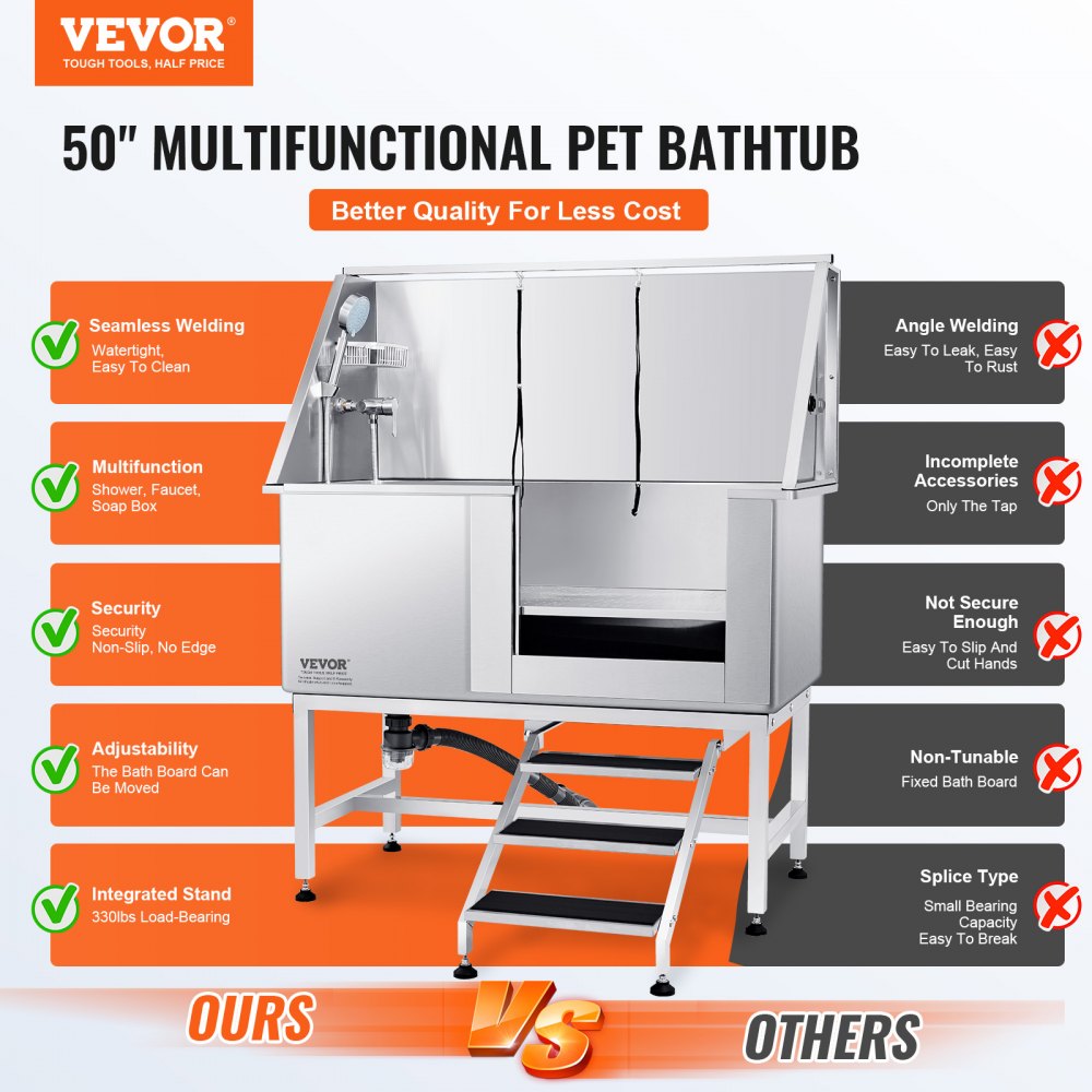 VEVOR 50" Pet Dog Bathing Station w/Stairs, Professional Stainless Steel Dog Grooming Tub w ...