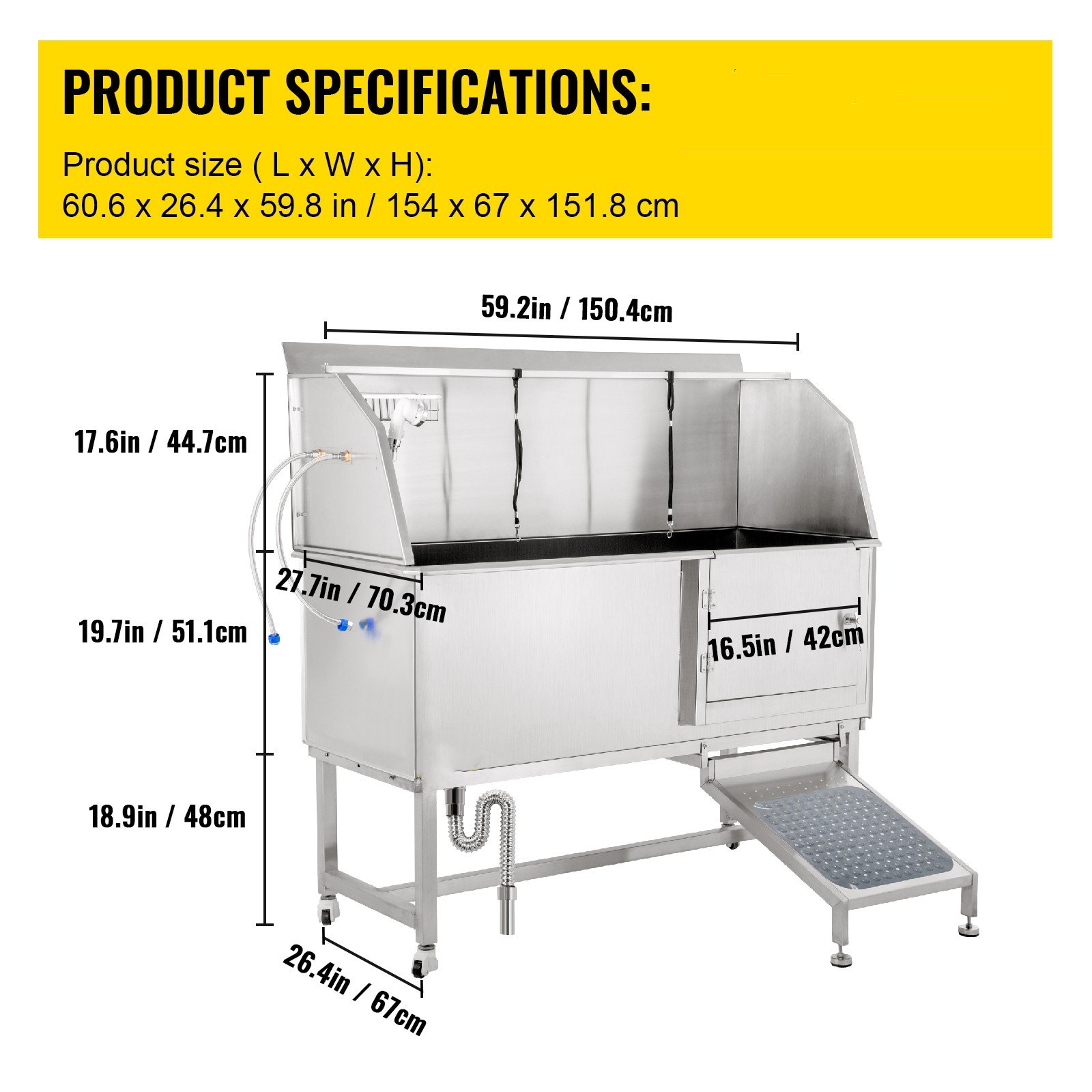 VEVOR Dog Grooming Tub, 62" R Pet Wash Station, 304 Stainless Steel Pet