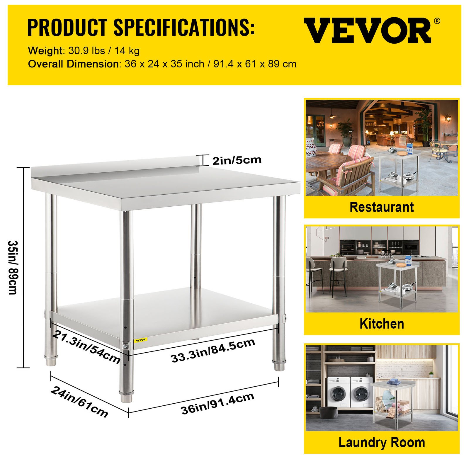 VEVOR Stainless Steel Prep Table, 36 x 24 x 35 Inch, 440lbs Load ...