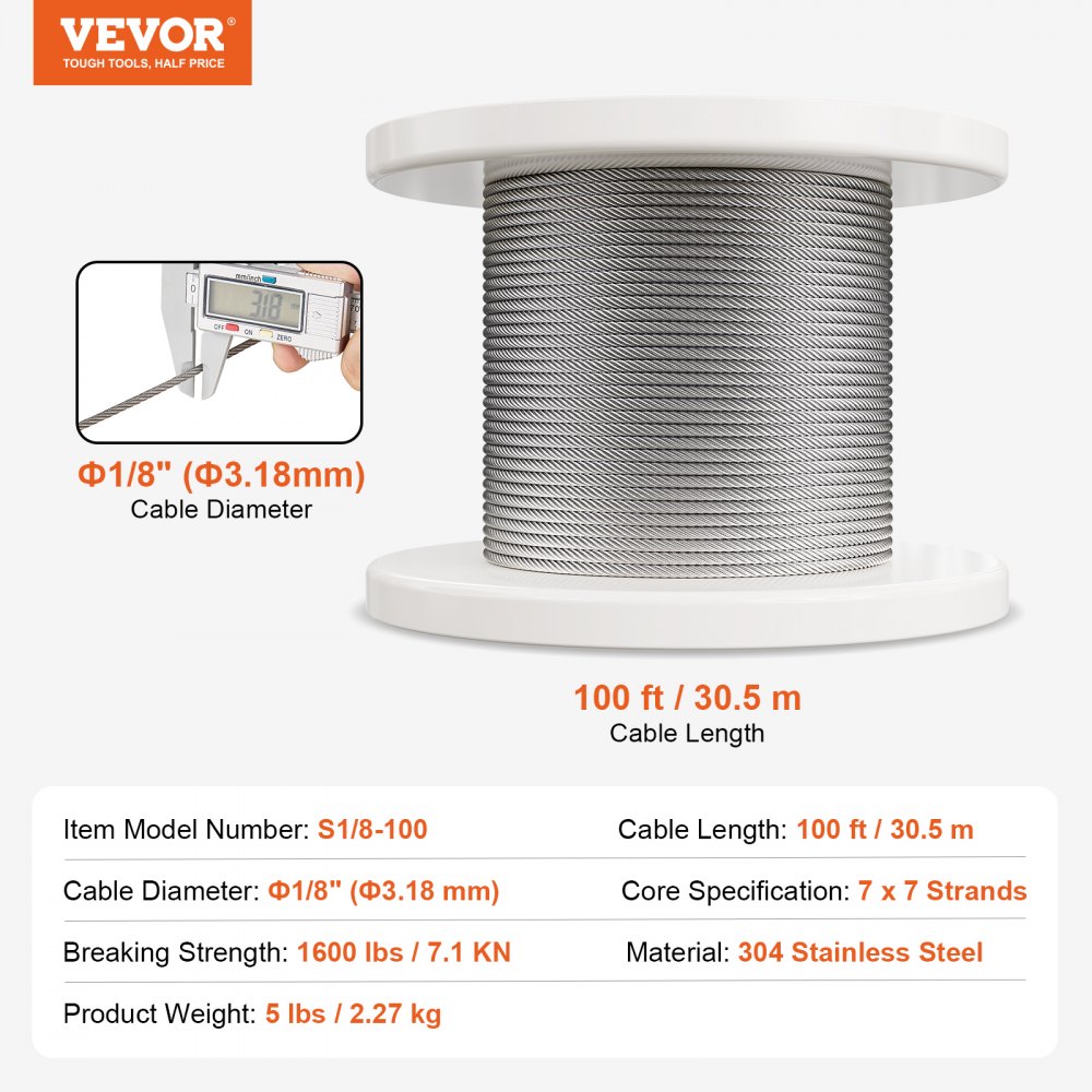 VEVOR Stainless Steel Wire Rope — 100 ft 7x7 Strands