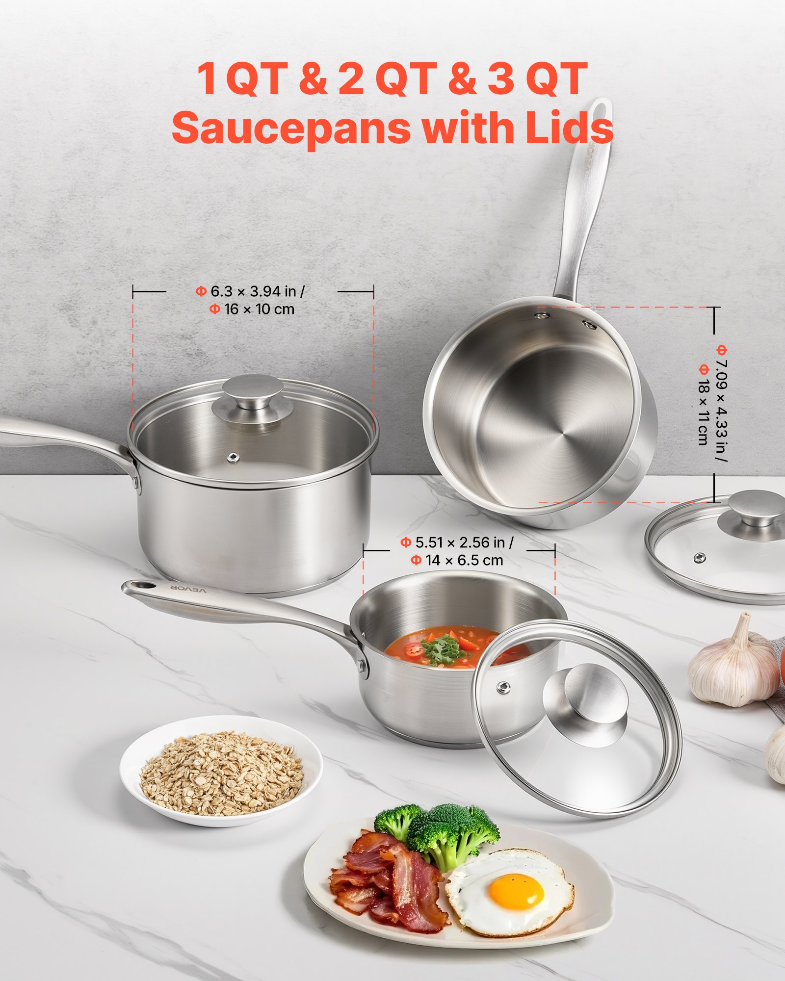 MICHELANGELO Set Pentole In Acciaio Inox 6 Pezzi – 1, 2, 3 Qt Con Coperchi – Interno A Nido D’Ape